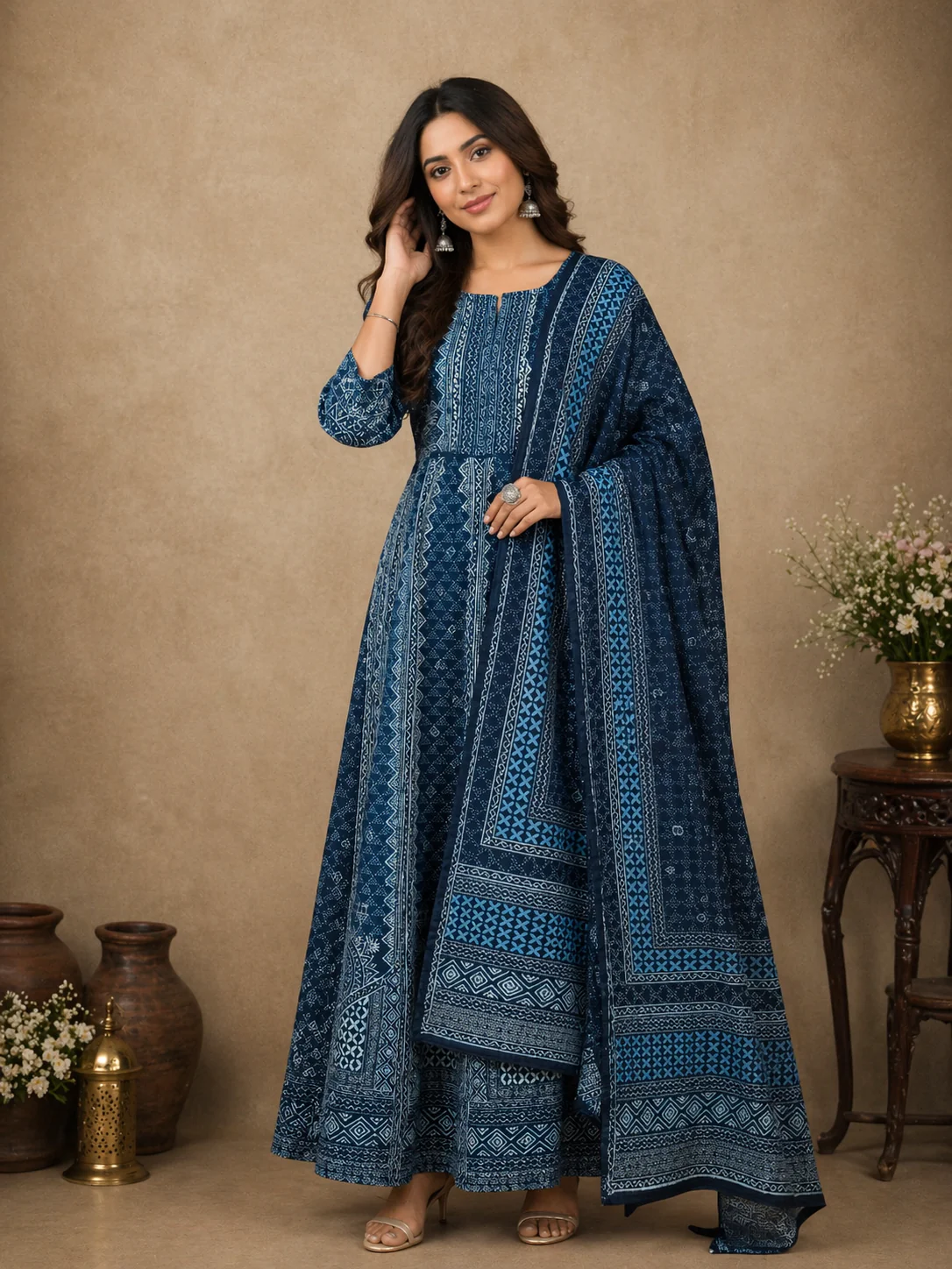 Dark Blue Abstract Designed Cotton Anarkali Salwar Suit